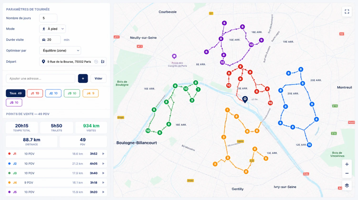 Plateforme Taktic - optimisation de tournées, carte Paris avec points de vente