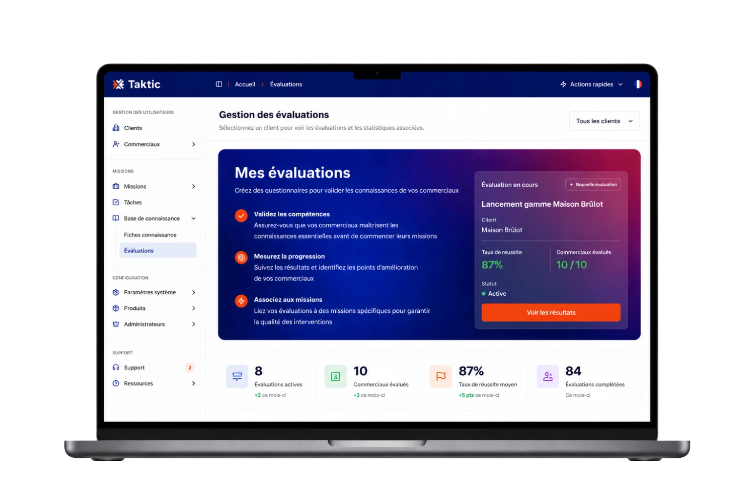 Plateforme Taktic - gestion des évaluations QCM commerciaux
