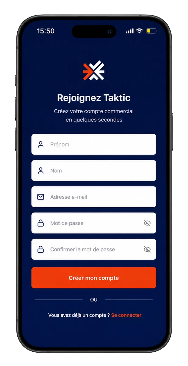 Application mobile Taktic - création de compte commercial indépendant