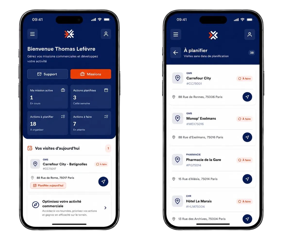 Application mobile Taktic - Dashboard commercial Thomas Lefevre et liste des visites planifiees multi-reseaux (GMS, pharmacie, CHR)