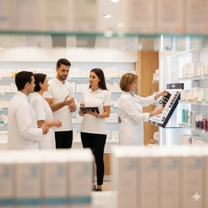 Commerciaux indépendants en parapharmacie présentant des produits dermocosmétiques à une équipe officinale.