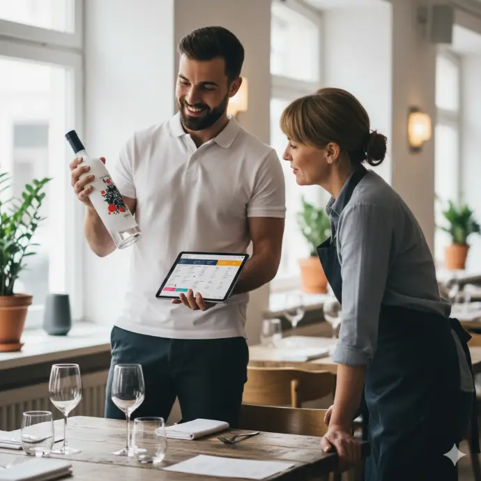 Commercial indépendant présentant un produit à un restaurateur dans une salle de restaurant.