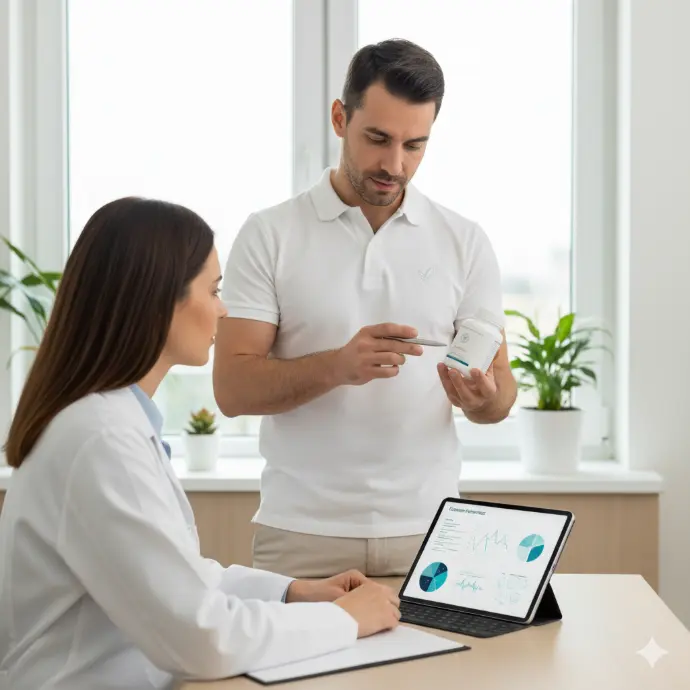 Commercial indépendant en visite médicale présentant un produit de santé à un professionnel dans un cabinet.