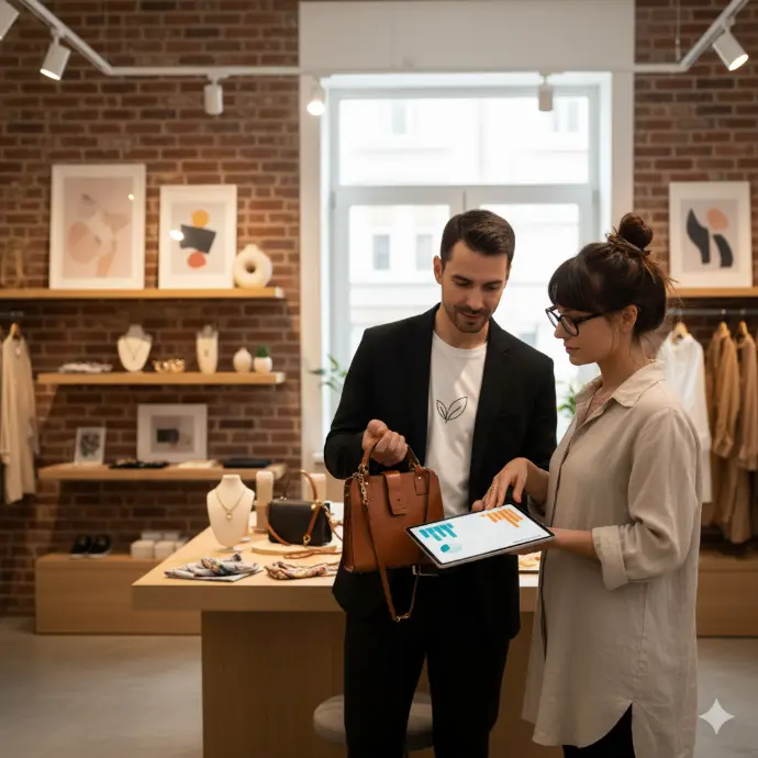 Commercial indépendant présentant des produits dans une boutique spécialisée de mode et design.