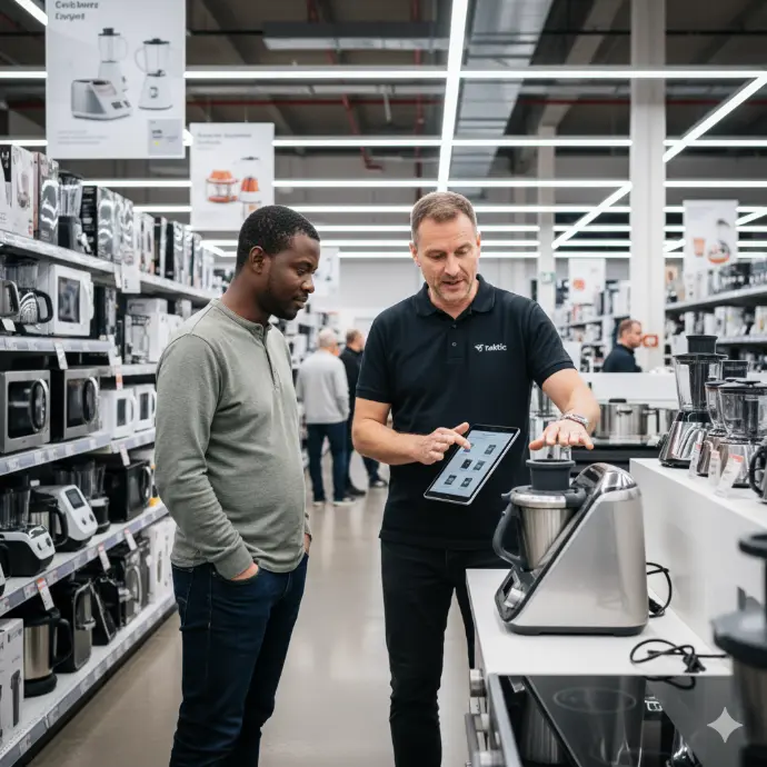Un commercial indépendant Taktic anime un rayon électroménager dans une grande surface spécialisée, en présentant un nouveau produit à un client.