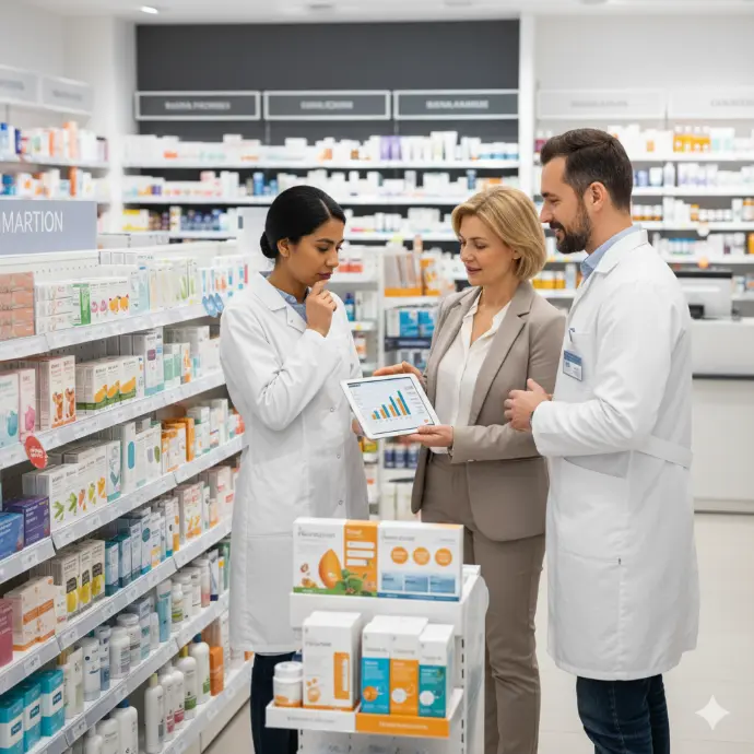Commercial indépendant en pharmacie présentant une nouvelle gamme de soins à une préparatrice, avec PLV installée en rayon.