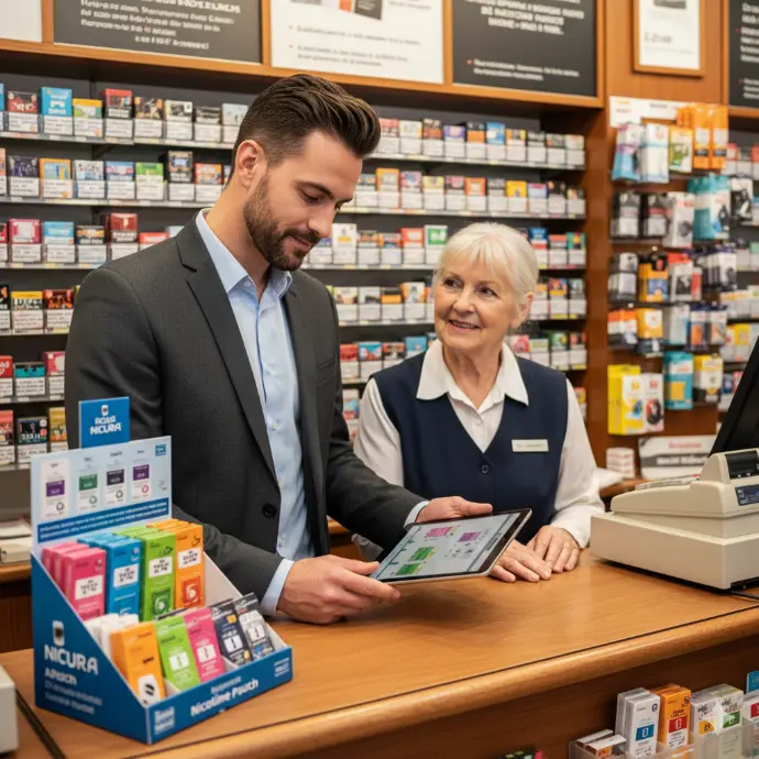 Commercial indépendant en visite dans un bureau de tabac, vérifiant la mise en avant d’un produit sur le comptoir.